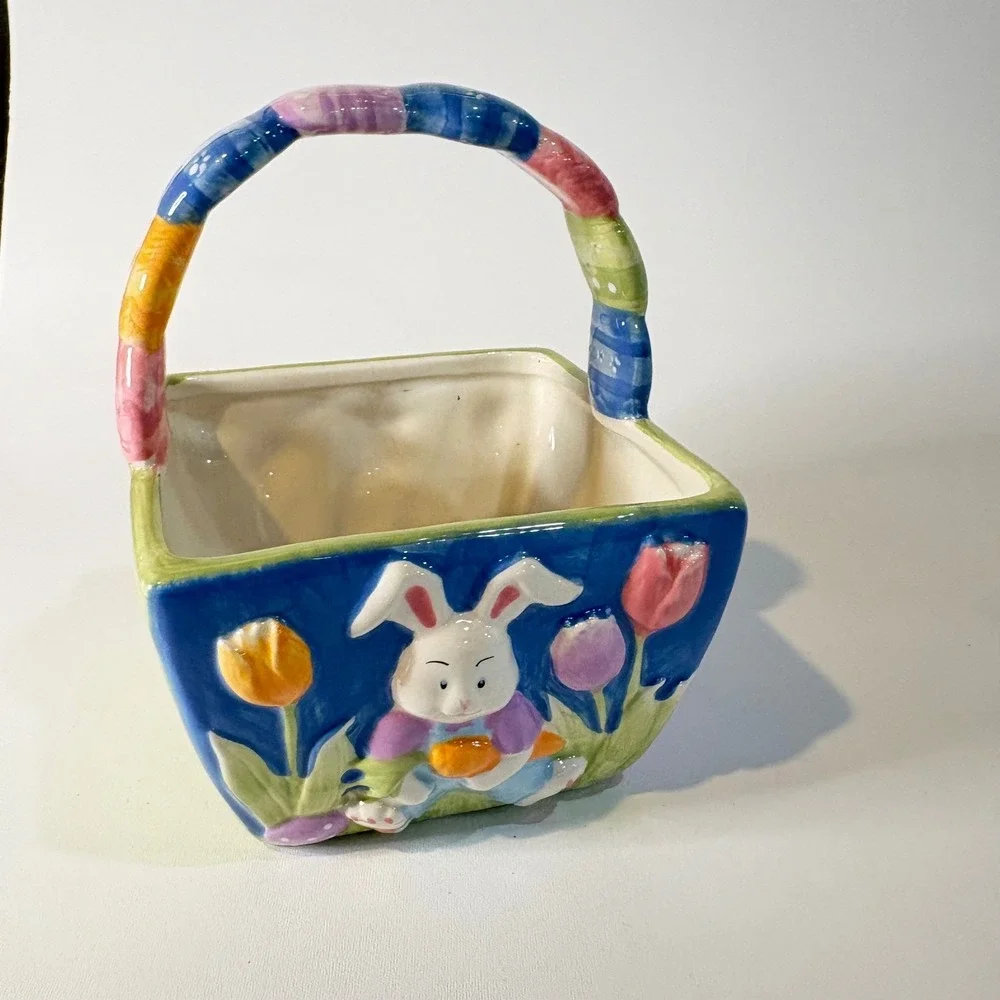 Ceramic Easter Bunny Basket Candy Dish Yellow Blue Tulip Relief 6.5